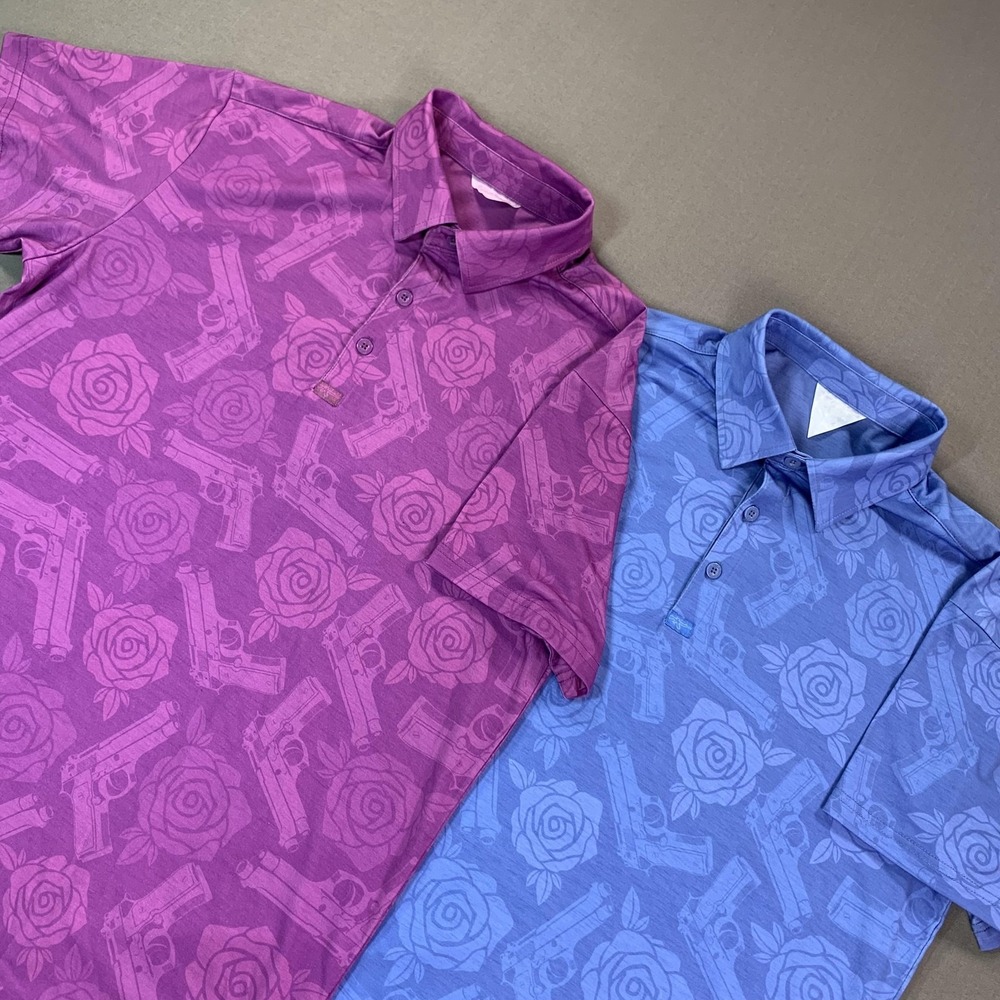 Retro Rifle Polo Shirts Men LG Purple Blue Golf Guns & Roses Graphic Print Lot 2